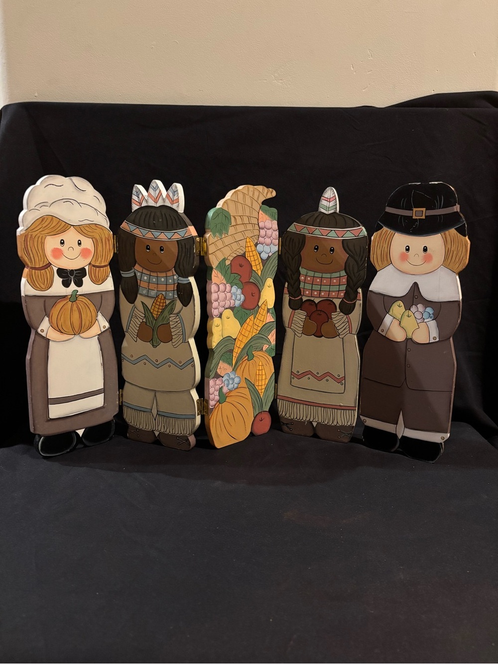 Folding Thanksgiving Holiday display in wood of American Indians and Pilgrims